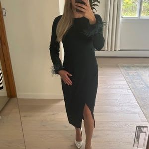 Black Women's  Long Sleeve Dress Formal Midi Bodycon Wrap Slit Feather